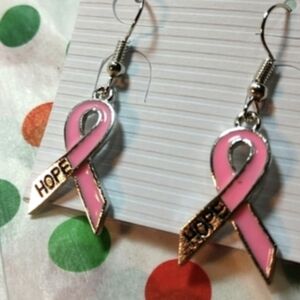 🆕Breast Cancer Hope Ribbon Enamel Earrings Pink & Silver Dangling 1 1/2"NWT